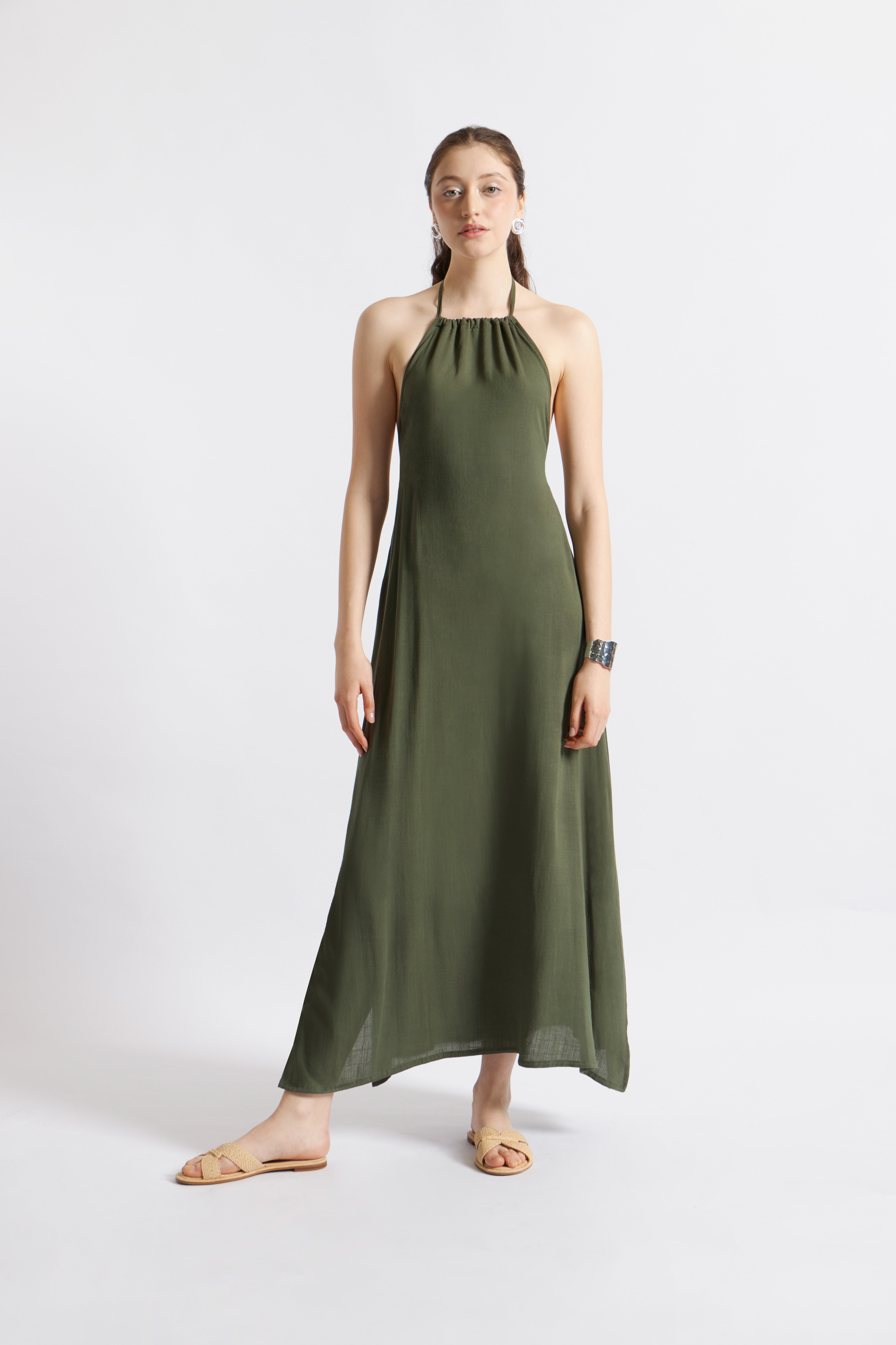 Vestido Lino Cuello Halter - Verde Militar