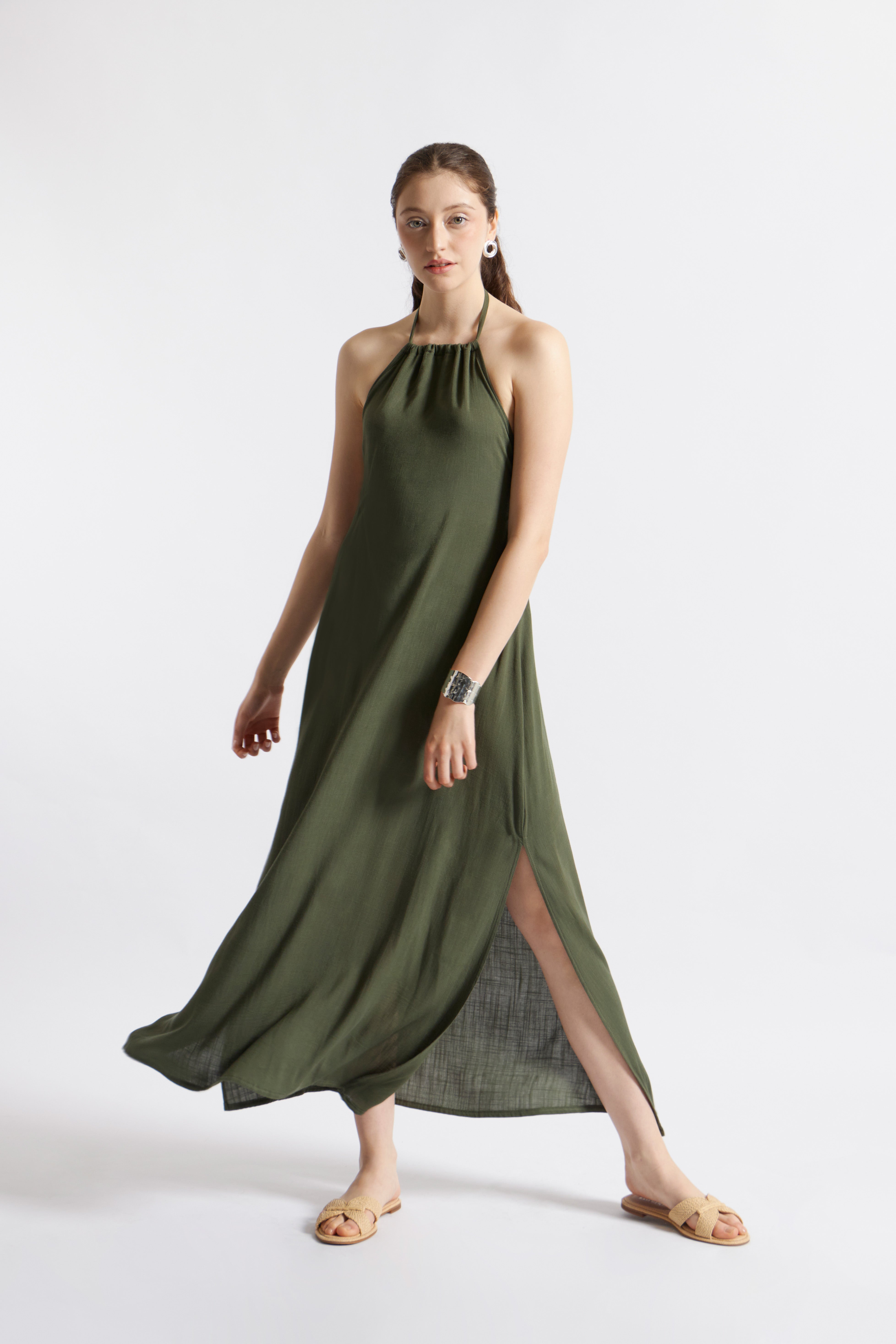 Vestido Lino Cuello Halter - Verde Militar