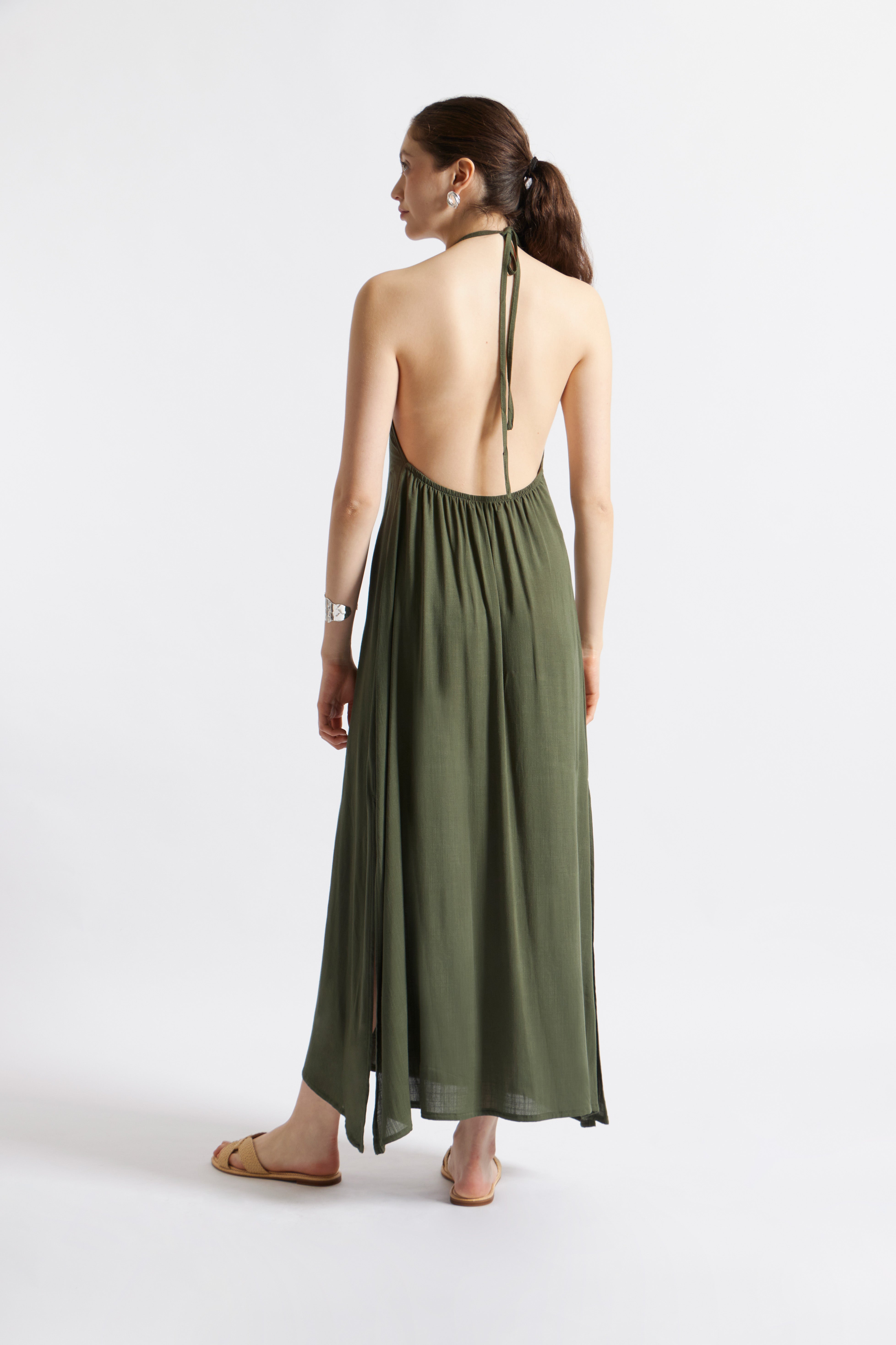 Vestido Lino Cuello Halter - Verde Militar