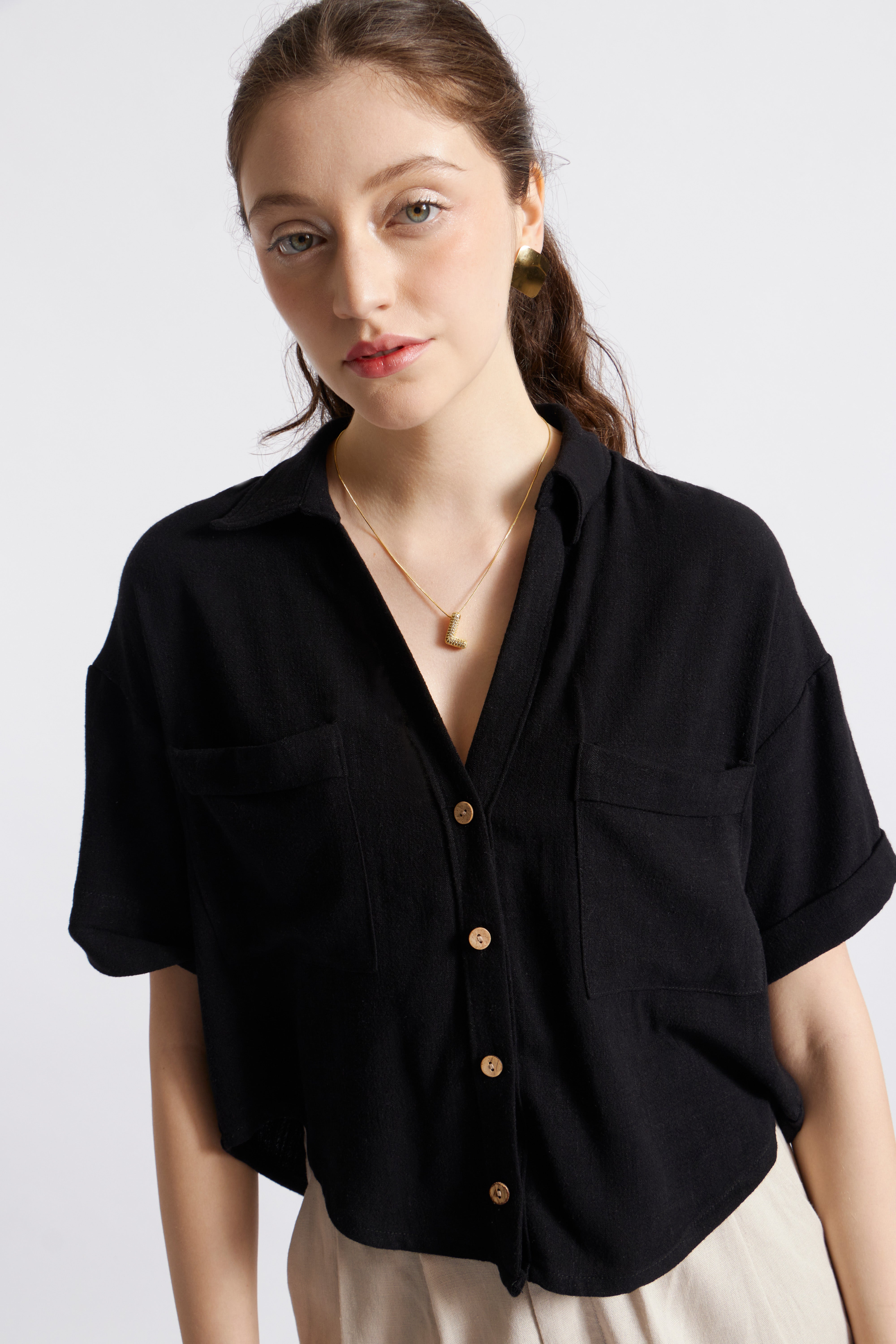 Blusa Corta Lino - Negro