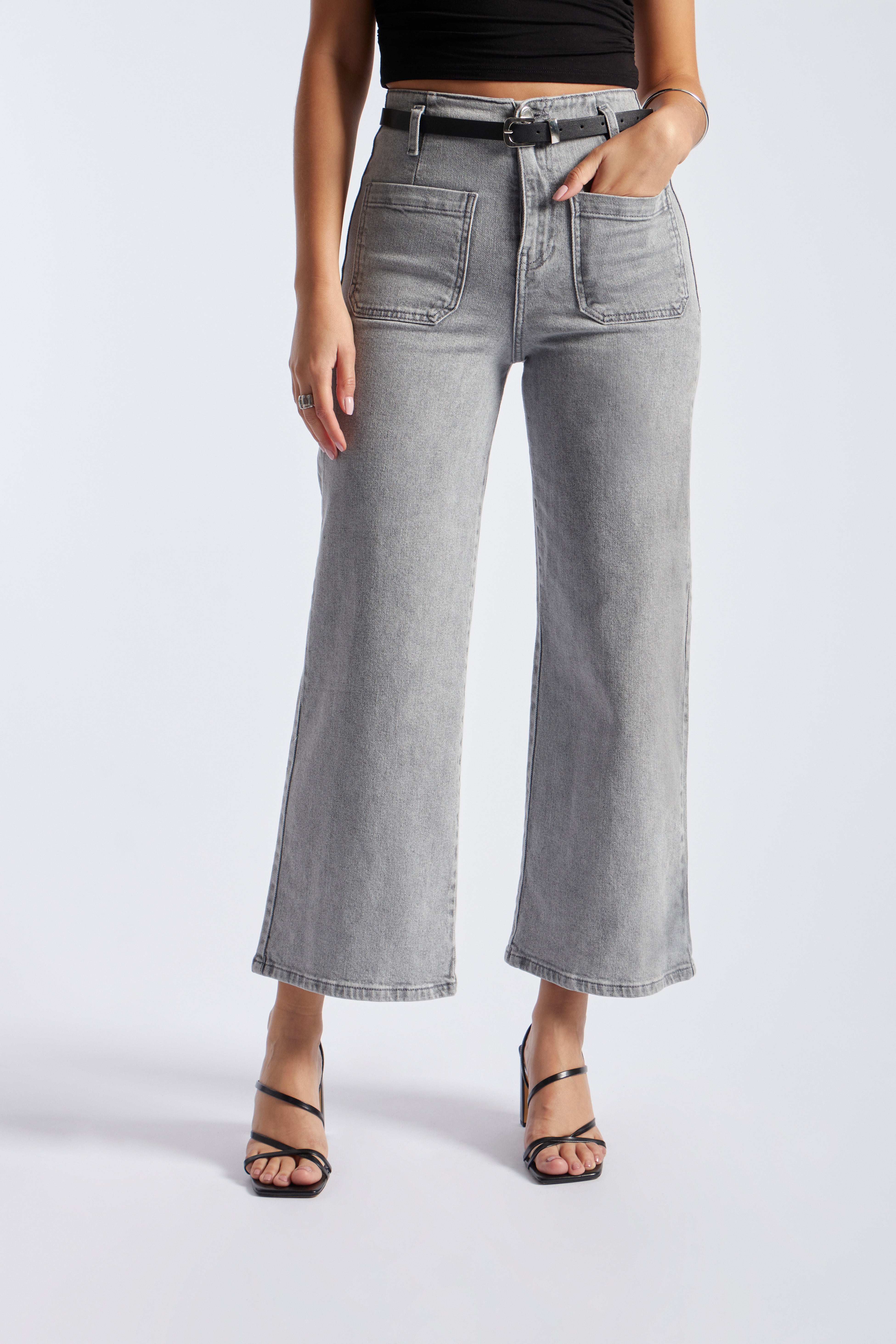 Jean Wide Leg Cropped - Gris