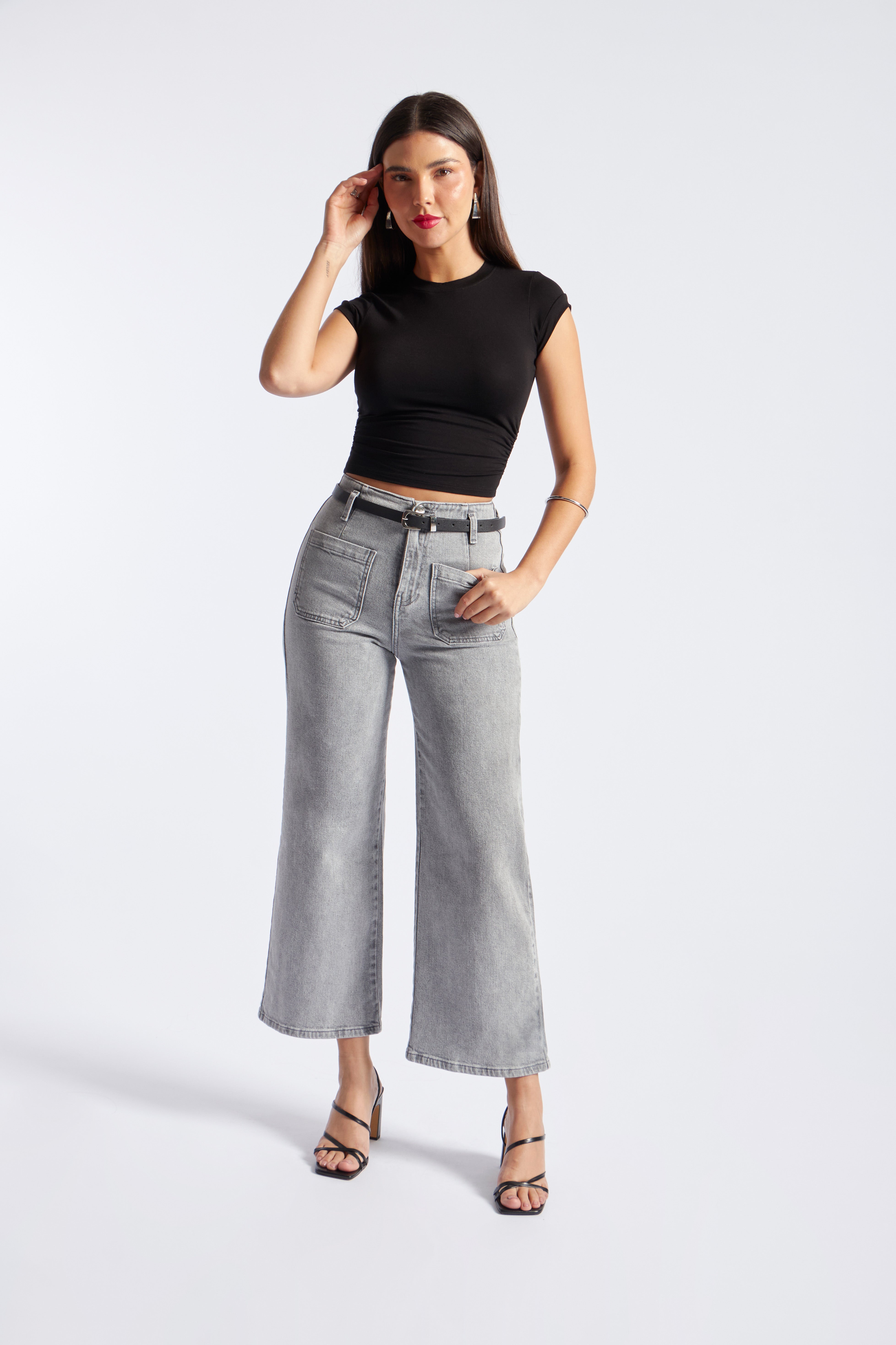 Jean Wide Leg Cropped - Gris